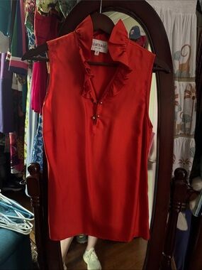 Elizabeth McKay Red-Orange Ruffle V-Neck Sleeveless Top